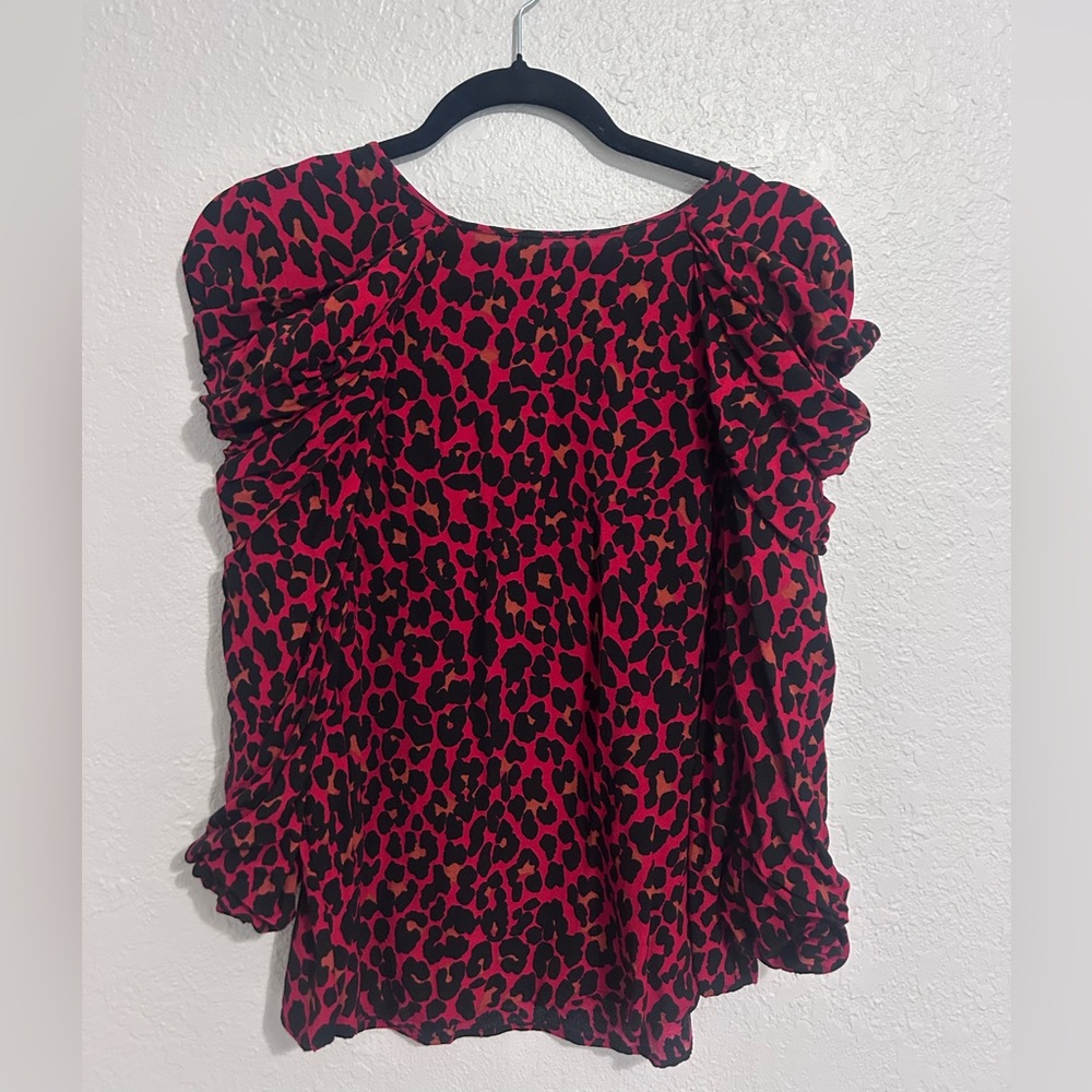 Zara Red and Black Cheetah 🐆 Puff Sleeve Ruffled Blouse
